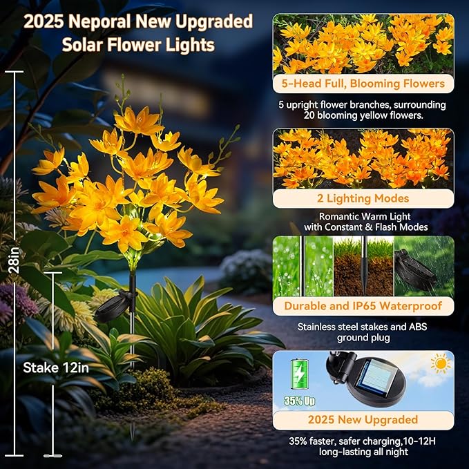 Neporal Solar Flowers Outdoor Waterproof IP65, 5-Head Snow Lotus with 20+ Flowers, Warm LED Light & 2 Lighting Modes, Decorative Solar Lights Outdoor Garden, Yard, Pathway, Flower Bed (4-Pack, Yellow)