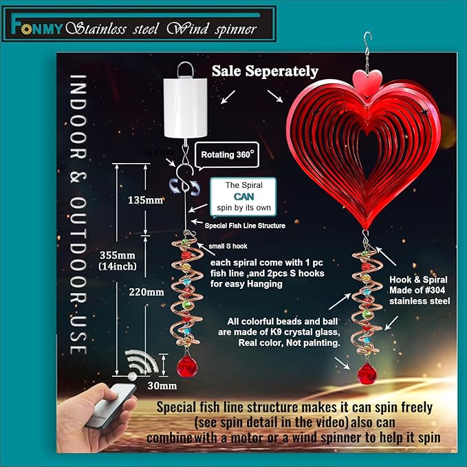 FONMY Gazing Ball Spiral Tail -Decorative Wind Spinner Sun Catcher Rainbow Maker Copper Double-Spiral W/Red Crystal Ball and Chain Crystals Beads for Indoor Outdoor Garden Decoration -14 inch Height