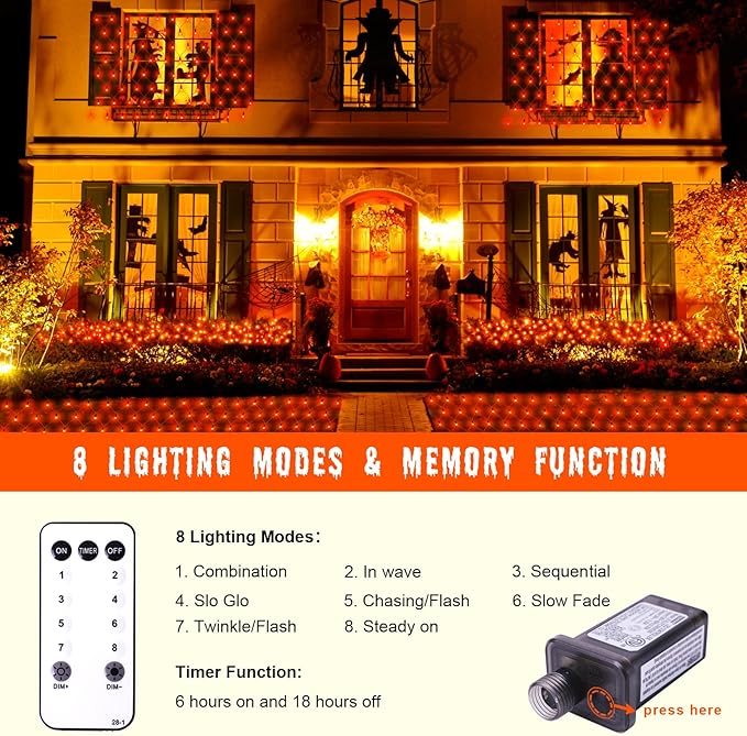 Orange Net Lights Outdoor Waterproof - 360 LED With Remote, 12x5 ft Extendable 8 Modes Christmas Lights for Thanksgiving Bushes Gazebo Lawn Garden Shrubs Tree Backyard