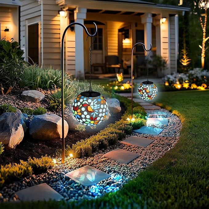 VCUTEKA Solar Chandelier Outdoor, Hanging Mosaic SolarLights with Hook Up, Solar Garden Lantern Decor for Yard, Deck and Patio, White