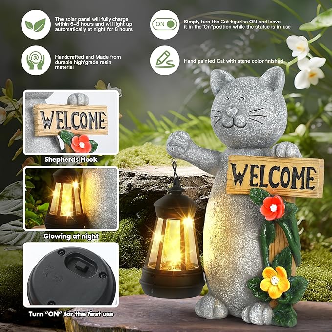 Json Garden Statue Solar Cat Figurine with Lantern, 10" Resin Kitten Outdoor Lawn Porch Yard Art, Lighted Christmas Birthday Gifts for Mom Grandma