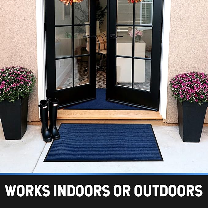 Heavy Duty Entrance Mats, Indoor and Outdoor Rubber Door Mat, Easy Clean Waterproof Anti-Slip Floor Doormat Rug, Low Profile Entrance Shoe Scraper for Entryway, Patio, Garage 47" x 31" Blue