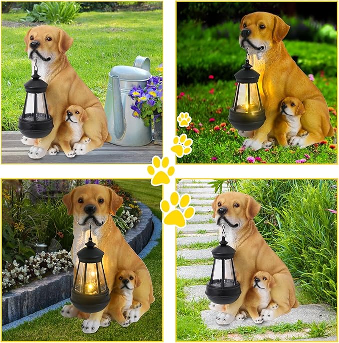 Afirst Solar Dog Statue Garden Decor- Outdoor Decor with Solar Lantern Lovely Labrador Mom with Baby Figurine Patio Lawn Yard Art Ornaments Housewarming Gift