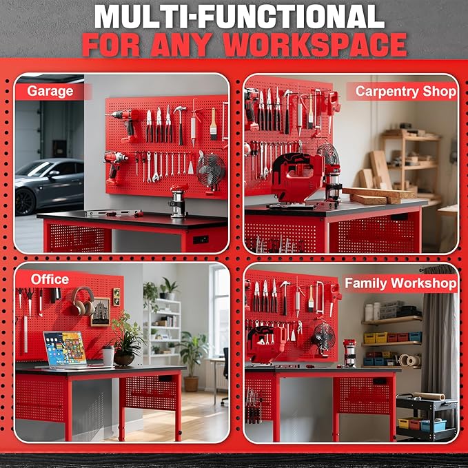 47" Heavy Duty Adjustable Workbench with Power Outlets, Pegboard & Locking Wheels - 2100LB Capacity Garage Work Table, Compatible with Milwaukee Battery, Reinforced Steel Frame for Workshop & Home Use