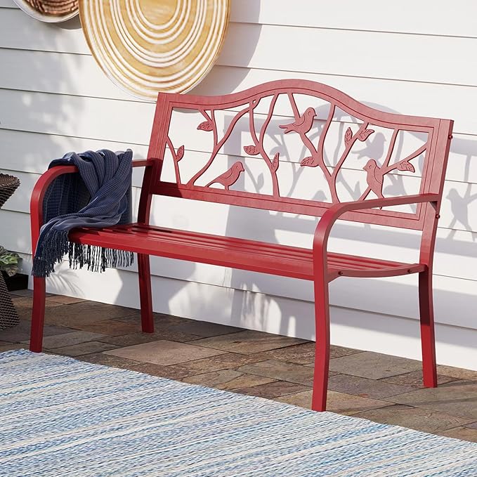 PHI VILLA Outdoor Patio 50" Metal Park Bench Red, Steel Frame Bench with Backrest and Armrests for Porch, Patio, Garden, Lawn, Balcony, Red Bird