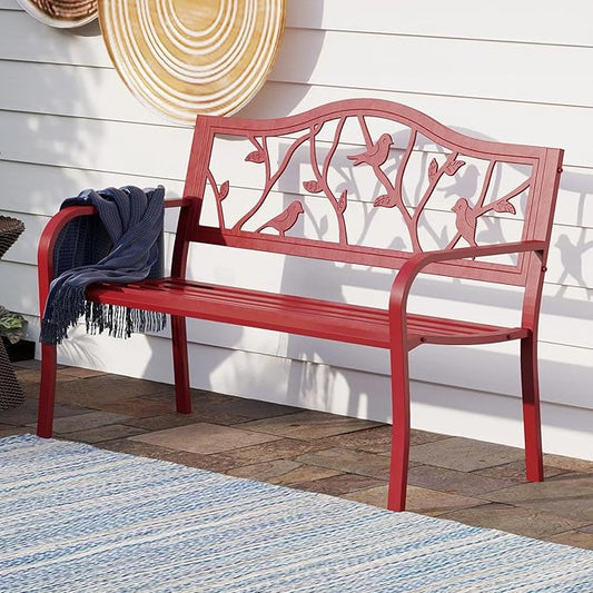 PHI VILLA Outdoor Patio 50" Metal Park Bench Red, Steel Frame Bench with Backrest and Armrests for Porch, Patio, Garden, Lawn, Balcony, Red Bird