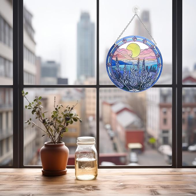 6’’ Lavender Suncatcher Stained Glass - Sun Catcher with Mountain Stained Glass Window Hanging, Suncatchers for Windows Hanging, Lavender Wall Decor, Suncatcher Gifts for Women/Friends/Lover