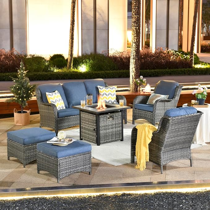 ovios 6 Pieces Patio Furniture Set with 30" Fire Pit Table, Outdoor Wicker Sofa with Ottomans, Comfy Cushions, High Back Couch Conversation Set, Grey Rattan, Denim Blue