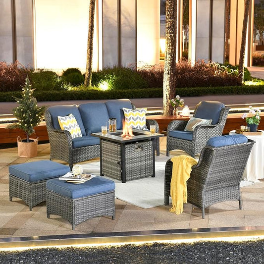 ovios 6 Pieces Patio Furniture Set with 30" Fire Pit Table, Outdoor Wicker Sofa with Ottomans, Comfy Cushions, High Back Couch Conversation Set, Grey Rattan, Denim Blue