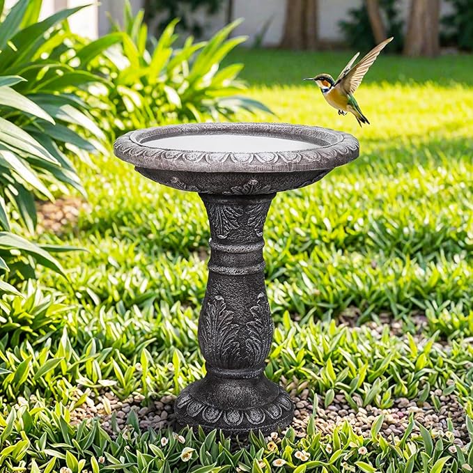 SunJet 24.4” H x 20” Dia Outdoor Birdbath with Intricate Floral Carvings Pedestal - Fibre Reinforced Concrete Birdbaths, Vintage Design for Garden Decor & Bird Attraction