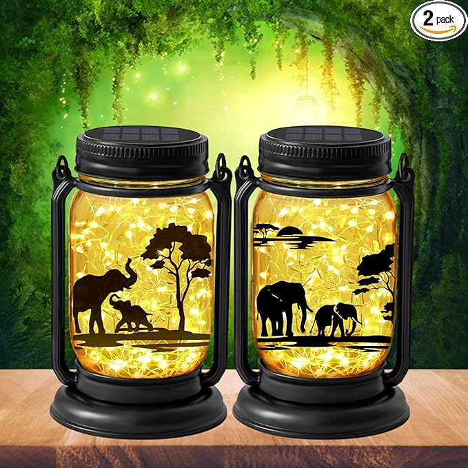 2 Pack Outdoor Hanging Solar Lanterns, Elephants Vintage Glass Mason Jar Fairy Lights, Mothers Day Gifts for Women Mom Grandma, Waterproof Garden Lights for Patio Yard Lawn Tree Party Decor