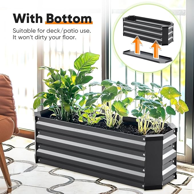 KING BIRD Raised Garden Bed Kit with Bottom 2025 Upgraded Galvanized Planter Garden Box Outdoor & Indoor for Gardening, Vegetables, Flowers, Dark Grey, 35.4x11.8x11.8 in