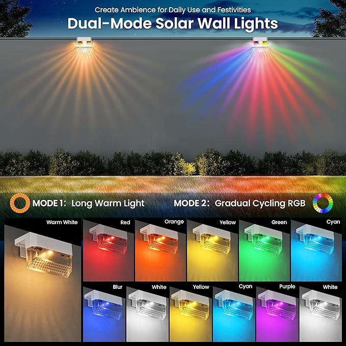 SOLPEX Solar Fence Lights Outdoor,Solar Deck Lights Waterproof Led Solar Lights for Outdoor Stairs,Step,Patio,Yard,Garden,Balcony and Porch,8 Pack Shell-Like Light Spots(White Shell,Warm White&RGB)