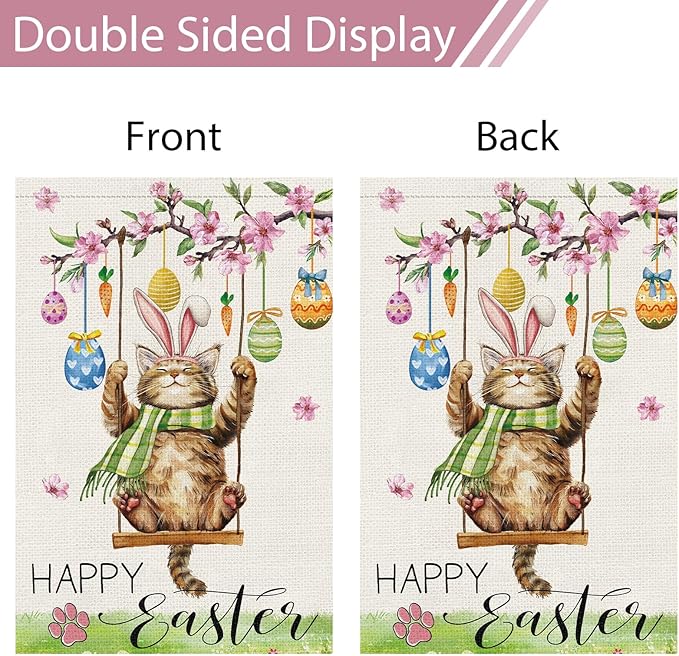 Heyfibro Happy Easter Cute Cat Garden Flag 12x18 Double Sided Burlap, Spring Summer Magnolia Flower Easter Egg Small Yard Banner for Seasonal Holiday Farmhouse Yard Outdoor Decor(ONLY FLAG)