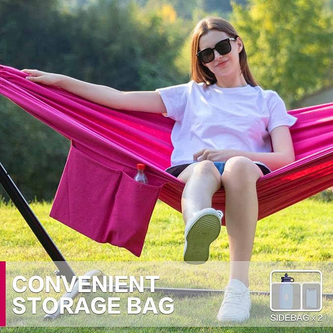 PNAEUT Double Hammocks with Stand for Outside, Portable Space Saving Heavy-Duty Steel Stand for Indoor Outdoor Patio with Carrying Bag, 450 lbs Capacity (Rose Pink)