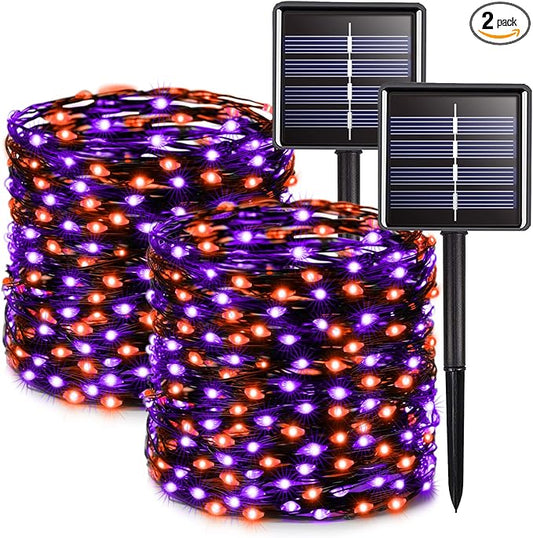 JMEXSUSS 2 Pack Solar Halloween Lights, Total 66FT 200 LED Orange and Purple Halloween Lights Outdoor Waterproof, 8 Mode Black Wire Solar String Lights for Tree Yard Spooky Party Halloween Decorations