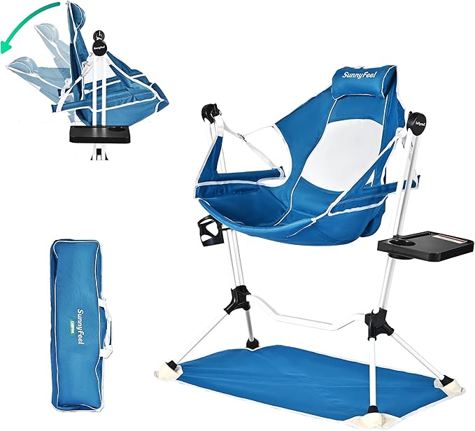 SUNNYFEEL Hammock Camping Chair, Oversized Swinging Camping Chair, Portable Hammock Chairs with Cup Holder, Beach Mat, MAX 300lbs Heavy Duty for Outdoor Travel Lawn Backyard Beach (Blue)