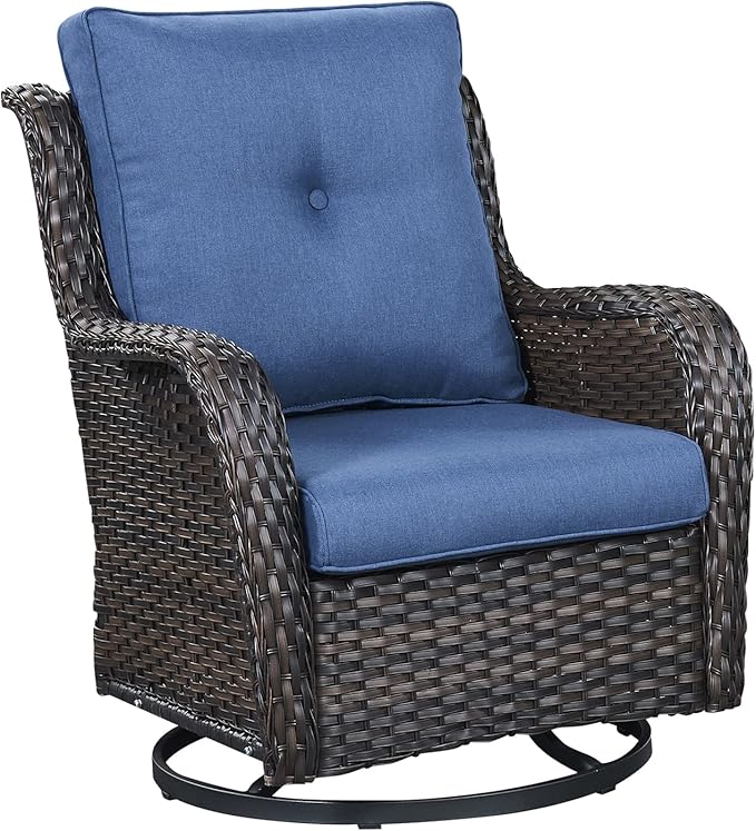 Outdoor Patio Swivel Rocker Chairs - Single Wicker Rattan Patio Swivel Rocking Chair with High Back,Deep Seating and Comfort Cushions for Deck Porch Garden,Brown/Blue