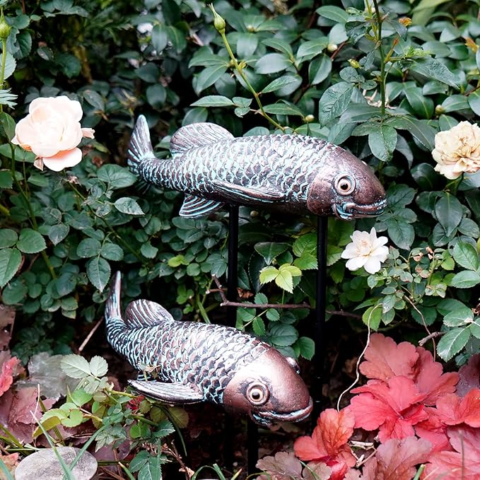 Garden Sculptures & Statues,Koi Fish Decor,Garden Fish Art,Set of 2 Antique Koi Fish Yard Art Decor for Outdoors,Patio,Yard,Lawn,Pond,Home Decoration (Bronz)