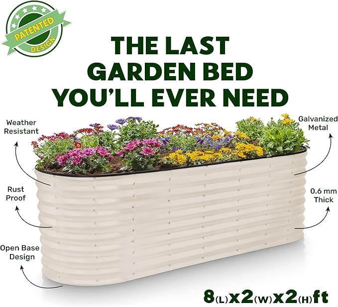 Galvanized Raised Garden Beds Outdoor // 8×2×2 ft Planter Raised Beds for Gardening, Vegetables, Flowers (White) // Large Metal Garden Box // Patented Tool-Free Design