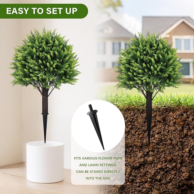 24" Artificial Cedar Topiary Ball Bushes, Set of 2 UV Resistant Fake Trees Outdoor Shrubs with Ground Spike, Weatherproof Faux Plants for Planter, Front Porch, Garden, Yard, Patio Decor