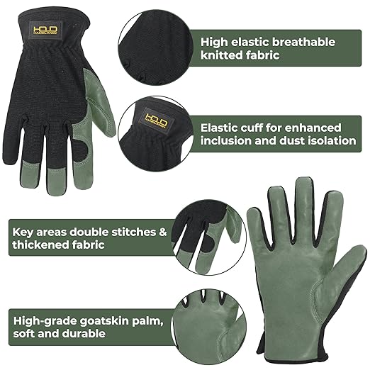 HLDD HANDLANDY Leather Gardening Gloves for Men, Utility Work Gloves for Gardening, Yardwork, Construction, Mechanics with Reinforced Palm, Green S