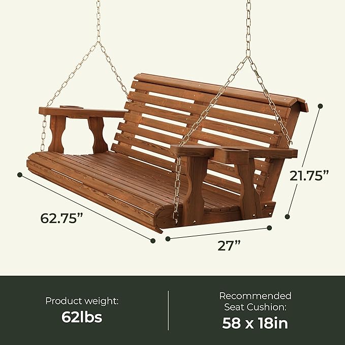 Amish Casual 3 Foot Roll Back Porch Swing with Cup Holders in Dark Walnut Stain - Amish Made in The USA from Treated Pine Heavy Duty 700 Lb. Weight Capacity