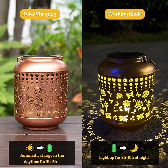 Solar Lanterns Outdoor, Waterproof Hanging Solar Lantern Garden Decor, Solar Lights for Backyard Porch Patio Table Yard Balcony Lawn Pathway, Rose Gifts for Women Grandma Mom