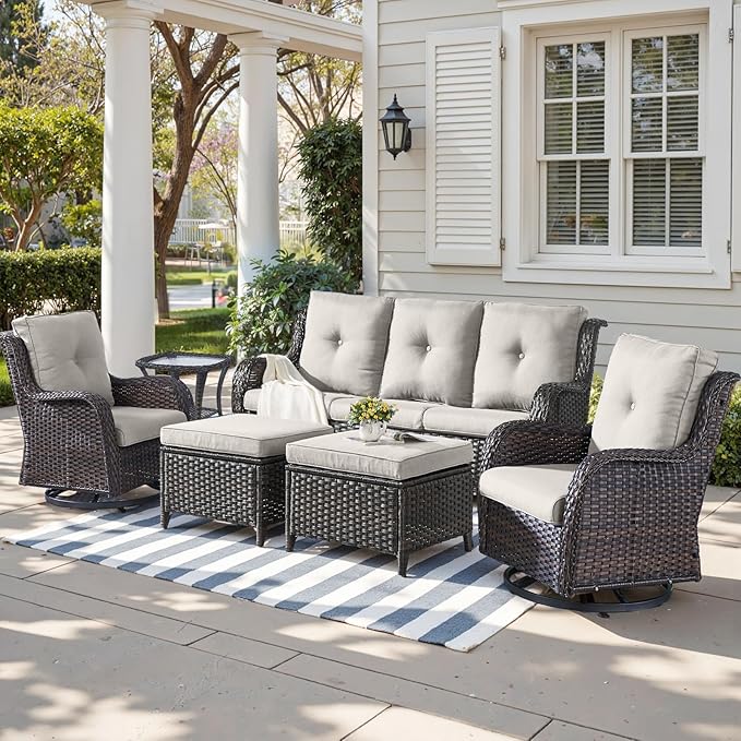 Outdoor Wicker Patio Furniture Set - 6 Piece Rattan Patio Conversation Set with 2 Rocking Swivel Chairs,2 Ottomans,1 Sofa and 1 Side Table for Porch Deck Backyard Garden(Brown/Beige)