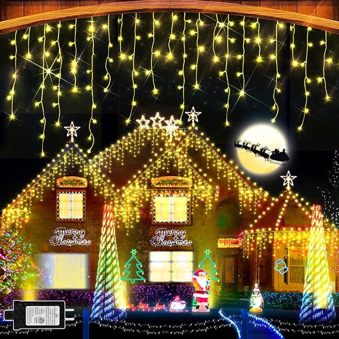 Christmas Lights 640 LED 65 FT Christmas Lights Outdoor with 120 Drops Plug in 8 Modes Christmas Decorations Curtain Fairy Lights for Wedding Party Holiday Bedroom Garden Patio Indoor (Warm White)