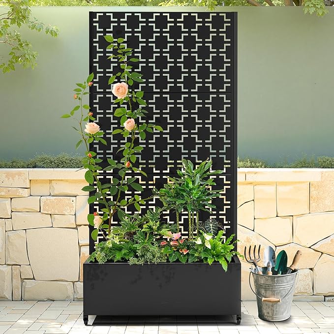 Raised Garden Bed with Trellis and Wheels,73"x35"x16" Metal Raised Garden Bed,Black Squared Metal Planter with Climbing Trellis for Vines & Vegetables