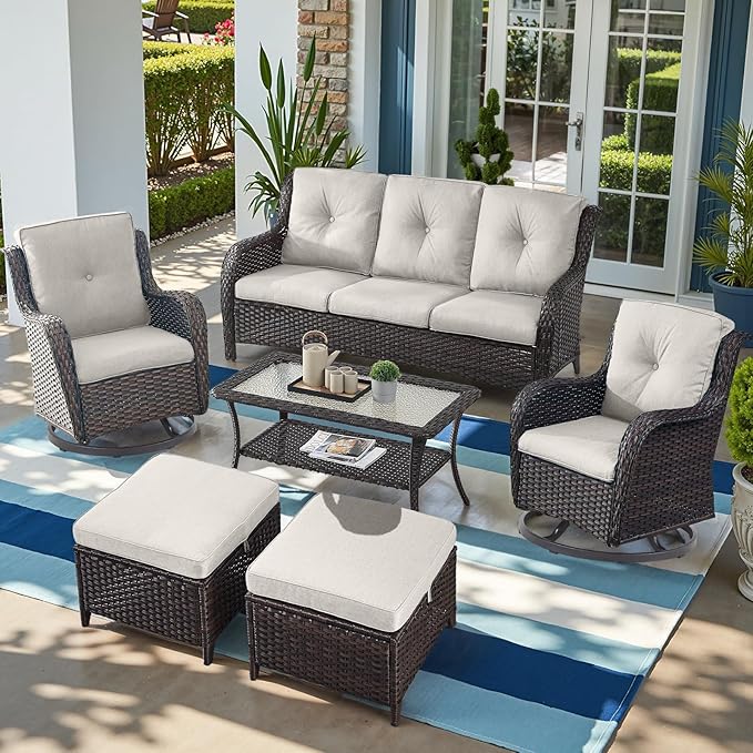 Outdoor Wicker Patio Furniture Set - 6 Piece Rattan Patio Conversation Set with 2 Rocking Swivel Chairs,2 Ottomans,1 Sofa and 1 Coffee Table for Porch Deck Backyard Garden(Brown/Beige)