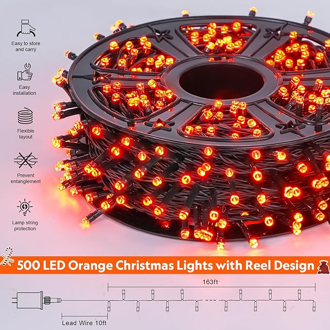 JMEXSUSS 500 LED Orange Christmas Lights Outdoor, 173ft Thanksgiving String Lights Plug in, Waterproof 8 Modes Orange String Lights for Party House Tree Fall Thanksgiving Decorations