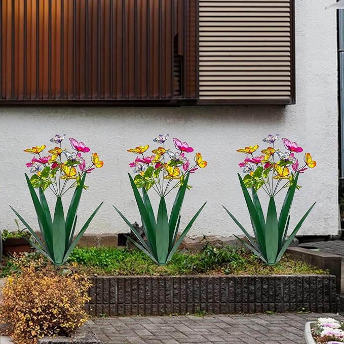 Garden Outdoor Butterfly Enlarge Thickened Wind Resistant Metal Agave Garden Art Metal Plant Country Sculpture Statue Decorations Ornaments Artificial Waterproof Butterflies(Green 3pcs)