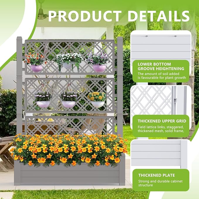 59.3in Planter Box Trellis, Large Outdoor Plastic Raised Garden Bed with Drain Plug for Climbing Plants(Gray,43.43 * 18.27 * 59.29)