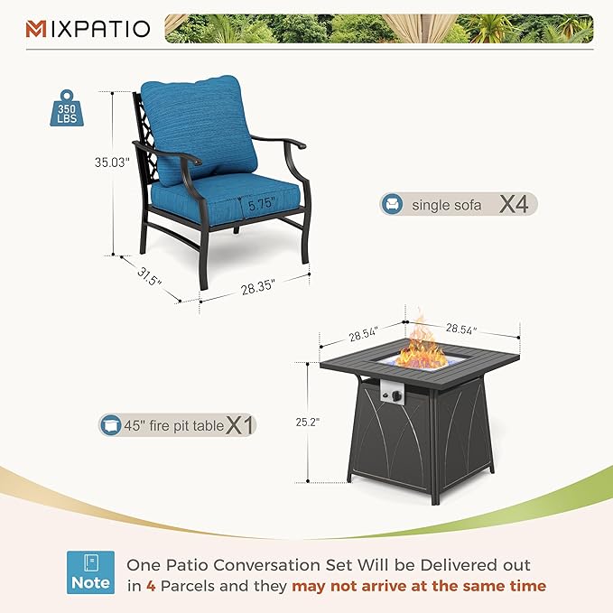 Patio Furniture Set with Fire Pit Table, 5 Pcs Metal Outdoor Conversation Set, 4 Single Chairs with 5.75" Extra Thick Cushion and 28" Fire Pit Table for Backyard Deck, Green Blue