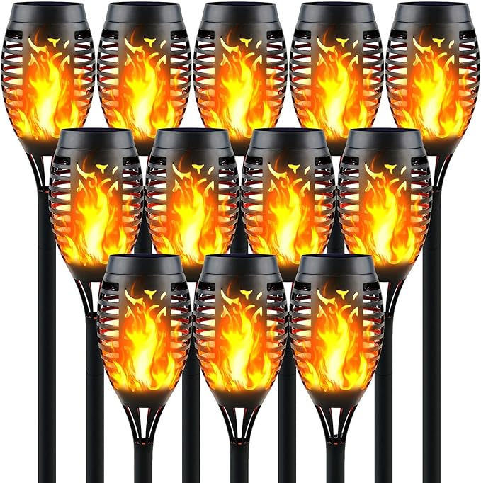 12-Pack Solar Torch Lights with Flickering Flame - 12LED Mini Fire Effect Solar-Powered Tiki Torches, Waterproof Outdoor Lighting with Auto On/Off, Perfect for Garden, Patio & Pathway Decor