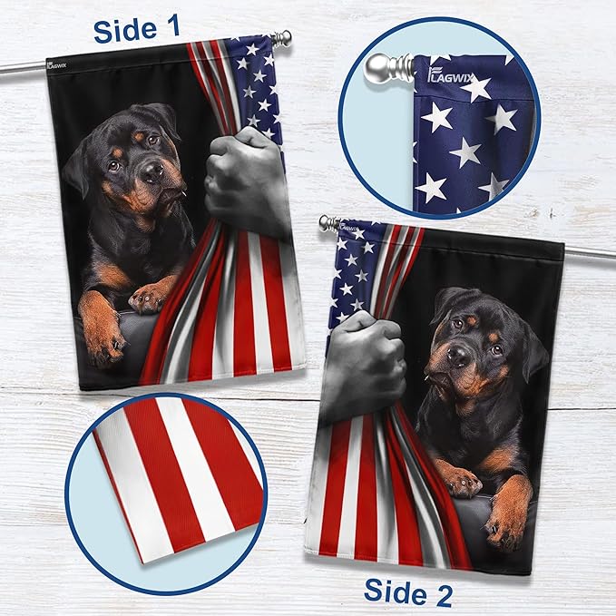FLAGWIX Patriot American Dog Flags - Rottweiler Double Sided Flag - 4th of July Decorations for Home, Outside, Patriotic House Flag 30x40 Heavy Duty Canvas, Decorative Indoor Outdoor Flag