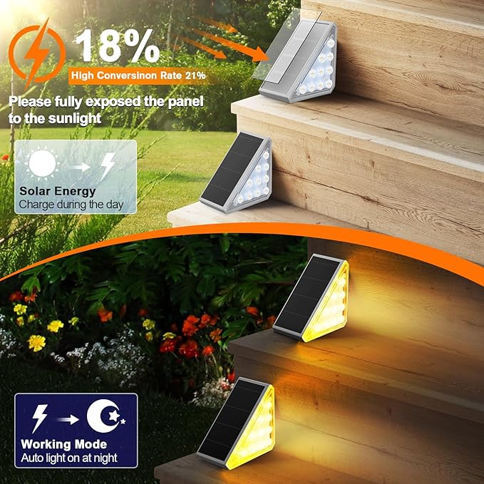 12 Pack Solar Stair Lights Outdoor Stair Lights with Waterproof IP67 LED Solar Light for Outside Light Decor for Stair, Deck, Front Step, Front Porch, Patio, Garden and Backyard