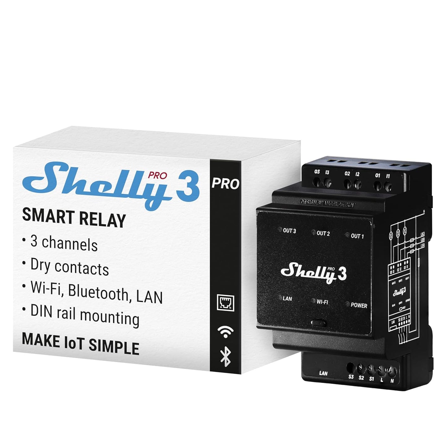 Shelly Pro 3 | Wi-Fi & LAN, 3-Channel Smart Relay | Home & Facility Automation | Compatible with Alexa & Google Home | iOS Android App | Lights Automation | Controller for Motorized Valve