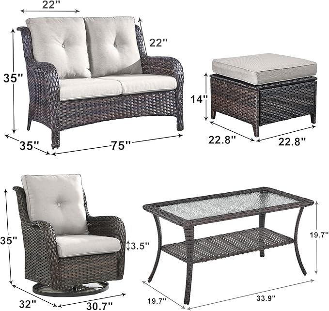 Outdoor Wicker Patio Furniture Set - 6 Piece Rattan Patio Conversation Set with 2 Rocking Swivel Chairs,2 Ottomans,1 Loveseat and 1 Coffee Table for Porch Deck Backyard Garden(Brown/Beige)