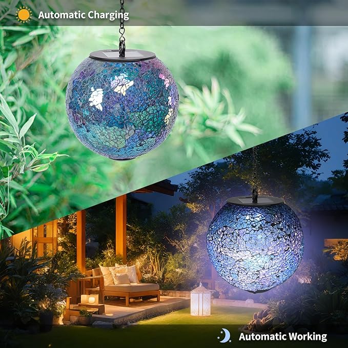 VCUTEKA Solar Chandelier Outdoor, Hanging Mosaic Solar Lights with Hook Up, Solar Garden Lantern Decor for Yard, Deck and Patio, Blue