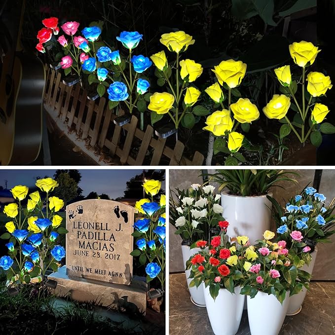Solar Garden Lights - Realistic 20 Rose Waterproof Solar Flowers for Outside Patio Yard Pathway & Christmas Decorations, Blue & Yellow