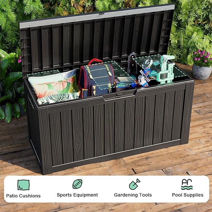 86 Gallon Outdoor Deck Box,Storage Lockable Waterproof Patio Furniture,Garden Tools,Cushions,Pool Accessories Outside Storage Resin Box(Black)
