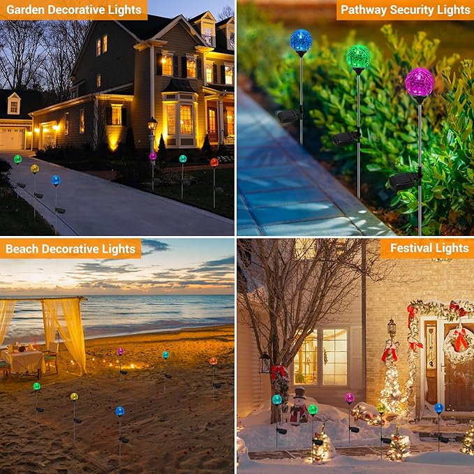 Solar Outdoor Lights - 6 Pack Crystal Cracked Glass LED Solar Garden Globe Light, Color-Changing Solar Stake Ball Light Auto On/Off, Solar Pathway Light for Landscape Patio Yard Halloween Decorations