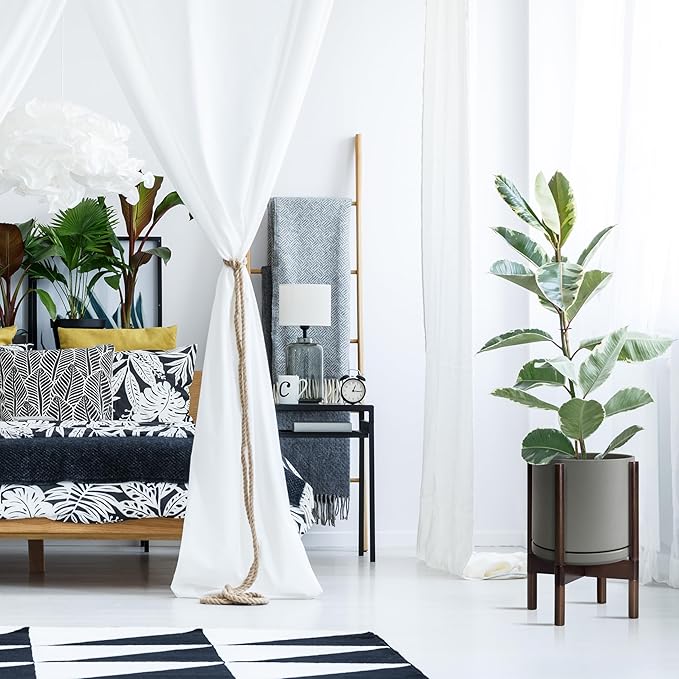 D'vine Dev Ceramic Planter with Walnut Color Stand - 10 Inch Modern Round Flower Pot with Wood Planter Holder, Grey, 55-B-X-3