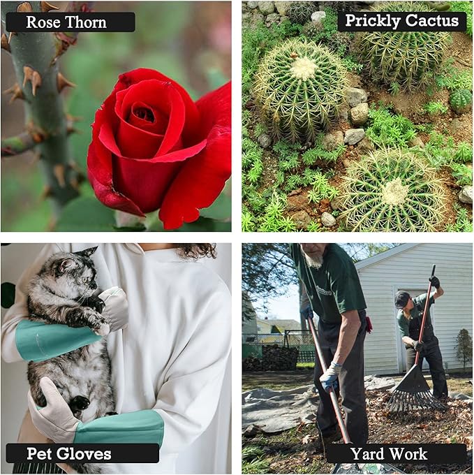 HANDLANDY Long Gardening Gloves for Men & Women, Thorn Proof Rose Pruning Gloves Leather Gauntlets Garden Glove Yard Work Glove (Small, Green)
