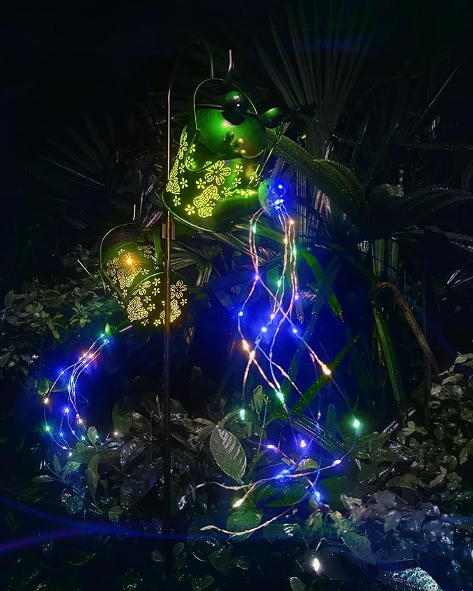 Solar Watering Can with Colorful Lighting, Waterproof Garden Decor, Birthday Gifts for Mom Grandma (Frog, 32 inch Shepherd Hook)