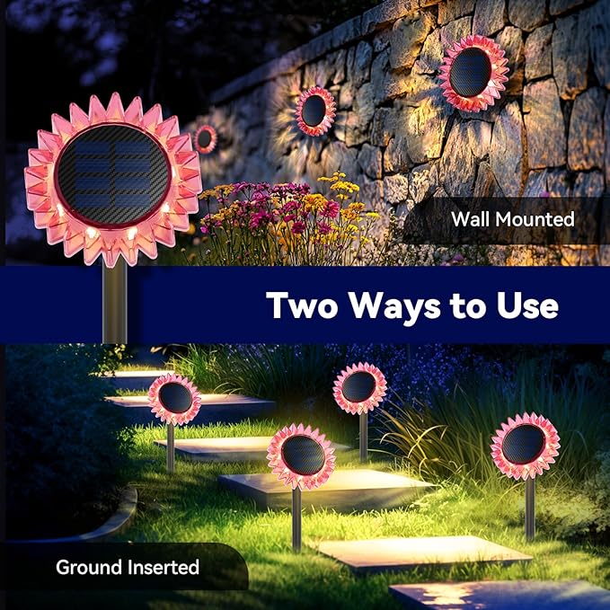 Outdoor Solar Lights, 4 Pack Led Solar Sunflower Lights, Stake/Wall 2-in-1 Waterproof Solar Garden Lights for Yard, Landscape, Fence, Patio, Driveway, Pathway, Backyard Decoration (Warm White)