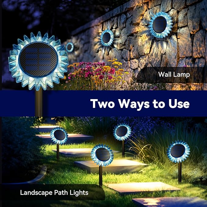Outdoor Solar Lights, 6 Pack Led Solar Sunflower Lights, Stake/Wall 2-in-1 Waterproof Solar Garden Lights for Yard, Landscape, Fence, Patio, Driveway, Pathway, Backyard Decoration (Warm White)